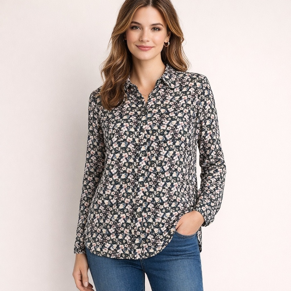 Talbots Cottagecore Dainty Floral Roll-Tab Button-Front Shirt in Brown and Pink
